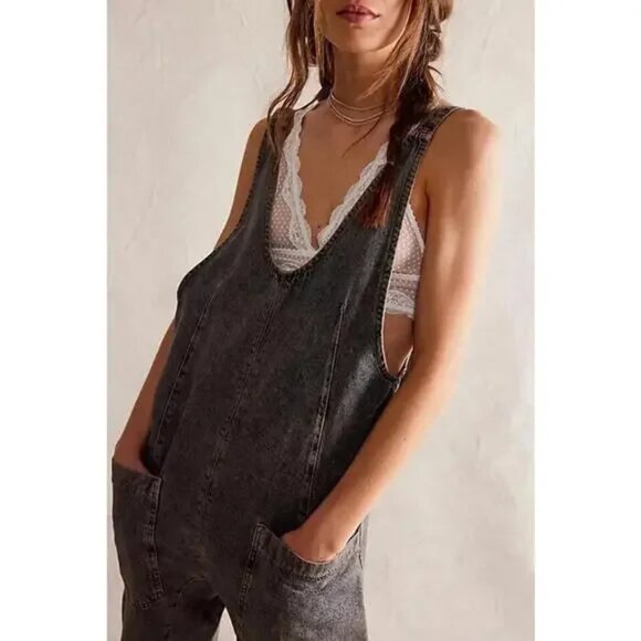 Free People We The Free High Roller Denim Jumpsuit Mineral Black Size Large - Picture 2 of 14